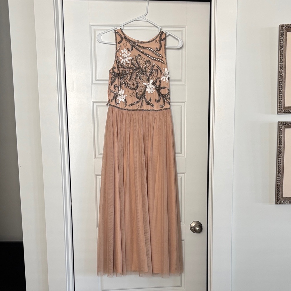 Gianni Bini Tan and Dark Silver Embellished Midi Dress